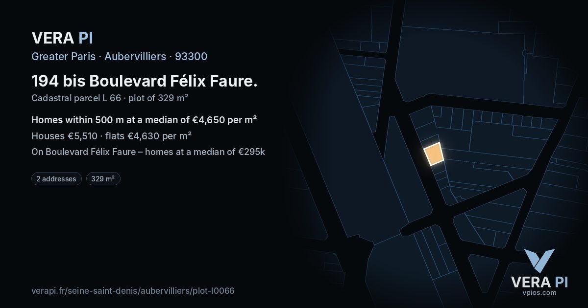 194 bis Boulevard Félix Faure, Aubervilliers at night – the plot lit, the parcels around coloured by the prices near them