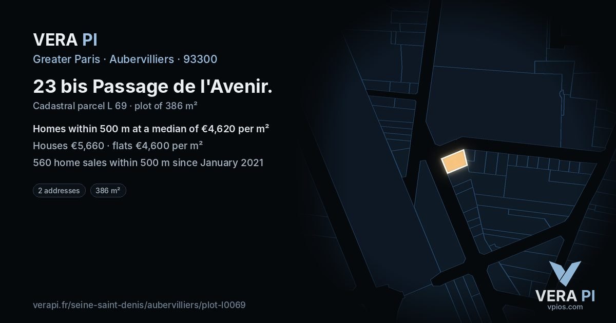 23 bis Passage de l'Avenir, Aubervilliers at night – the plot lit, the parcels around coloured by the prices near them