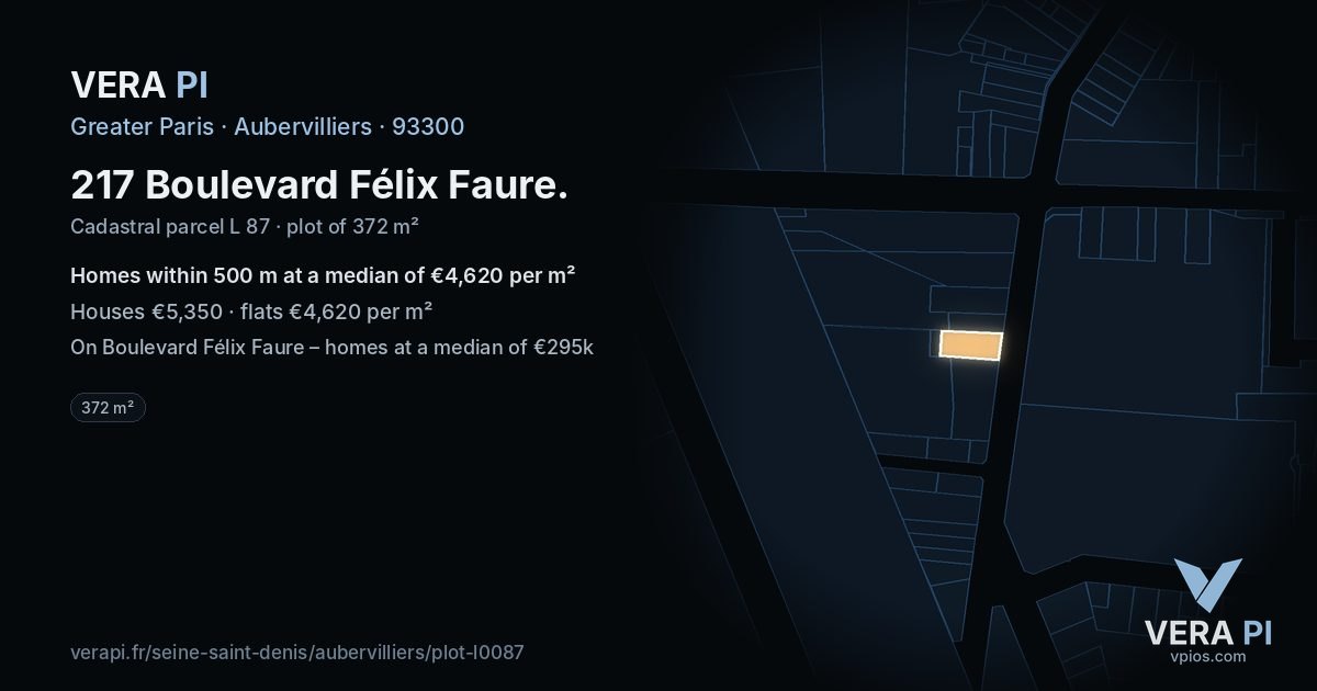 217 Boulevard Félix Faure, Aubervilliers at night – the plot lit, the parcels around coloured by the prices near them