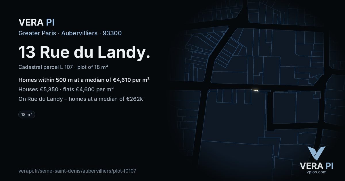 13 Rue du Landy, Aubervilliers at night – the plot lit, the parcels around coloured by the prices near them