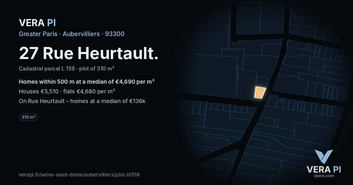 27 Rue Heurtault, Aubervilliers at night – the plot lit, the parcels around coloured by the prices near them