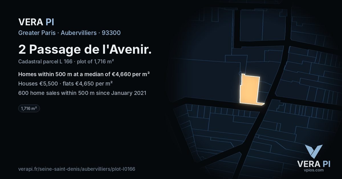 2 Passage de l'Avenir, Aubervilliers at night – the plot lit, the parcels around coloured by the prices near them