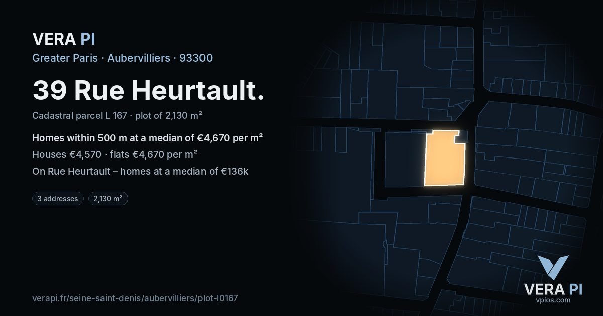 39 Rue Heurtault, Aubervilliers at night – the plot lit, the parcels around coloured by the prices near them