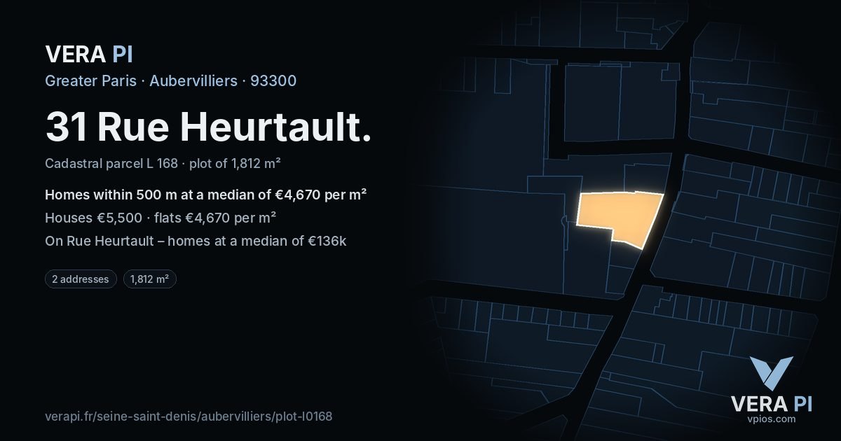 31 Rue Heurtault, Aubervilliers at night – the plot lit, the parcels around coloured by the prices near them