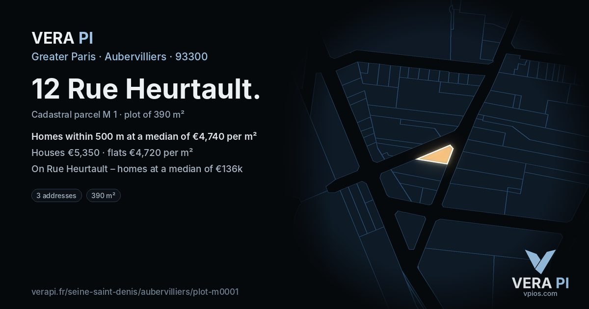 12 Rue Heurtault, Aubervilliers at night – the plot lit, the parcels around coloured by the prices near them