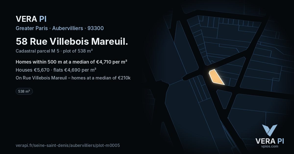 58 Rue Villebois Mareuil, Aubervilliers at night – the plot lit, the parcels around coloured by the prices near them