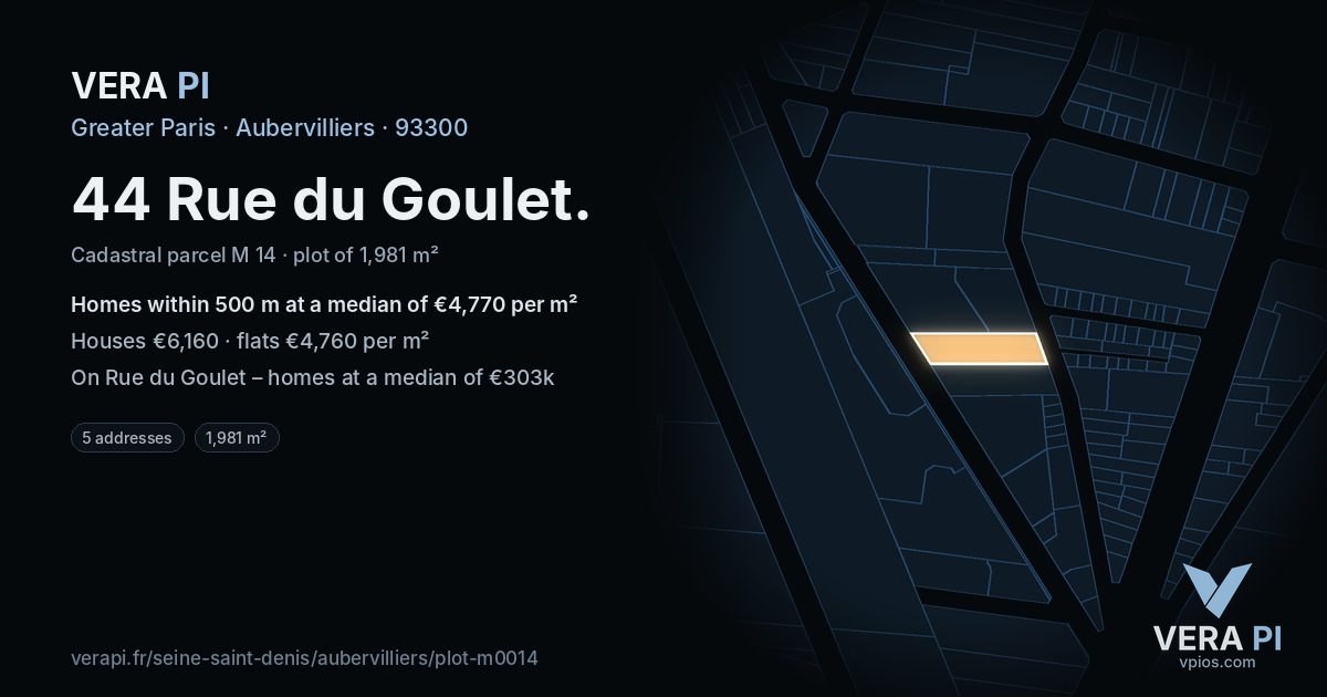 44 Rue du Goulet, Aubervilliers at night – the plot lit, the parcels around coloured by the prices near them