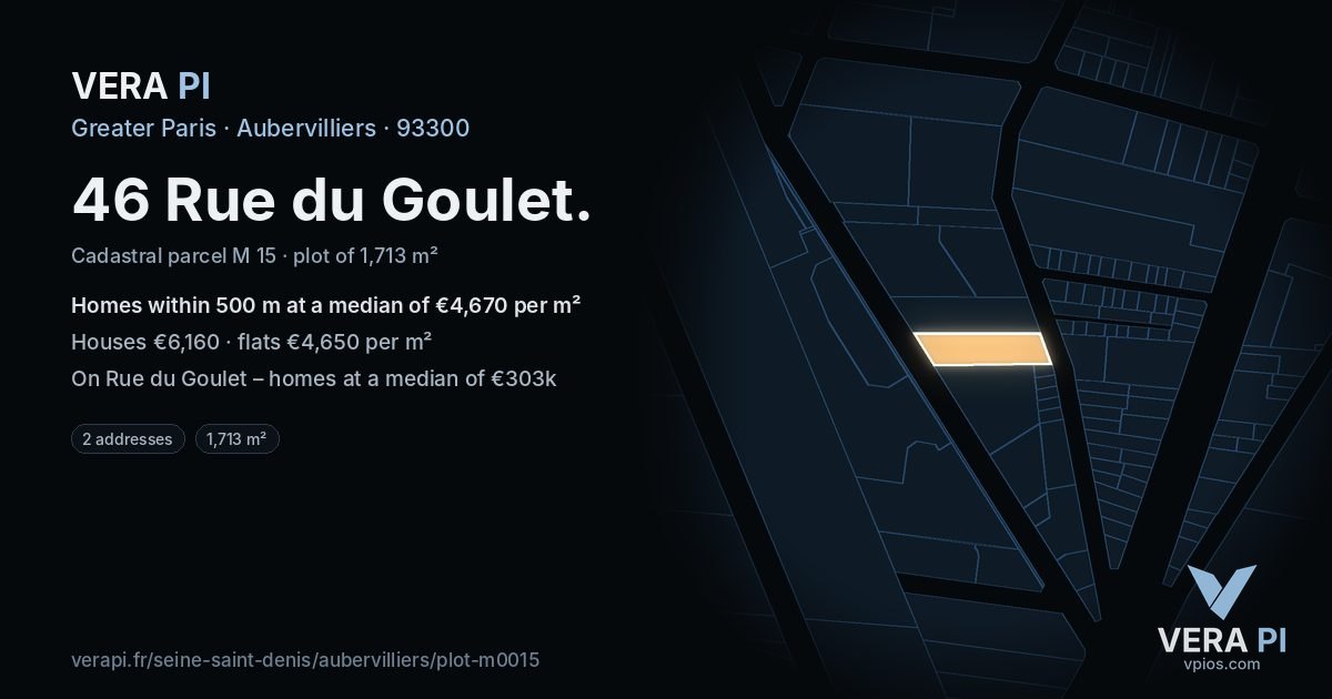 46 Rue du Goulet, Aubervilliers at night – the plot lit, the parcels around coloured by the prices near them
