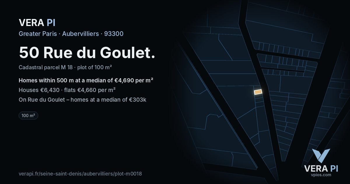 50 Rue du Goulet, Aubervilliers at night – the plot lit, the parcels around coloured by the prices near them