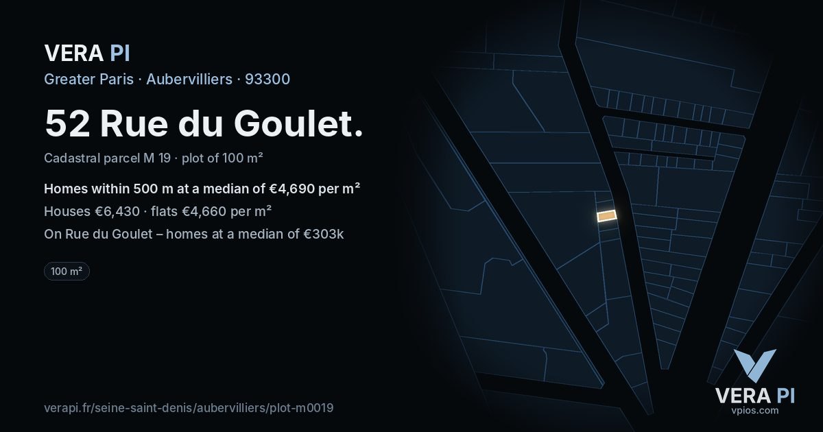 52 Rue du Goulet, Aubervilliers at night – the plot lit, the parcels around coloured by the prices near them