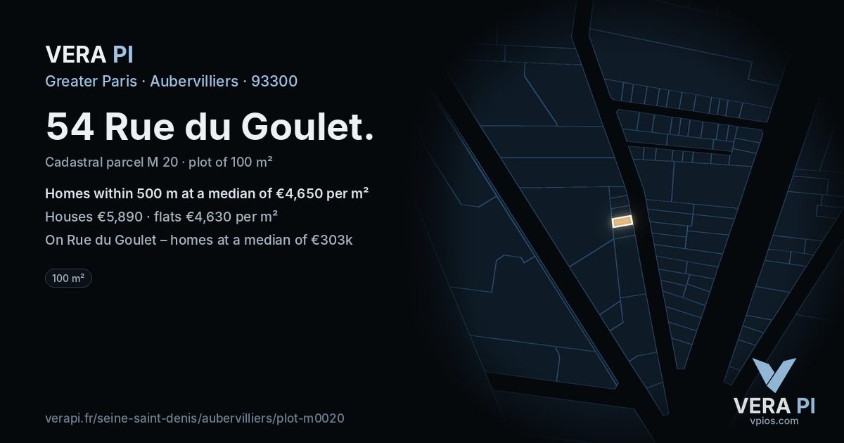 54 Rue du Goulet, Aubervilliers at night – the plot lit, the parcels around coloured by the prices near them