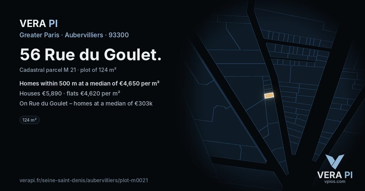 56 Rue du Goulet, Aubervilliers at night – the plot lit, the parcels around coloured by the prices near them