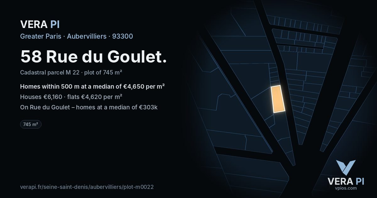 58 Rue du Goulet, Aubervilliers at night – the plot lit, the parcels around coloured by the prices near them
