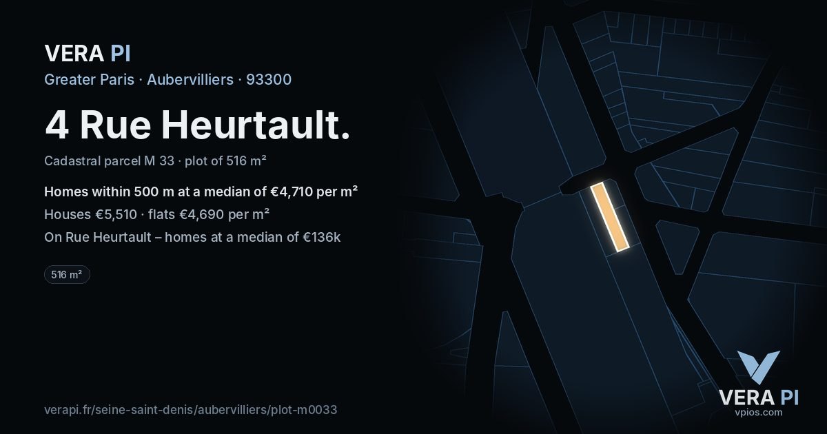 4 Rue Heurtault, Aubervilliers at night – the plot lit, the parcels around coloured by the prices near them