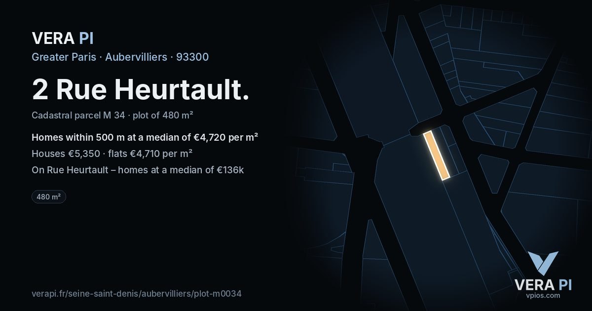 2 Rue Heurtault, Aubervilliers at night – the plot lit, the parcels around coloured by the prices near them