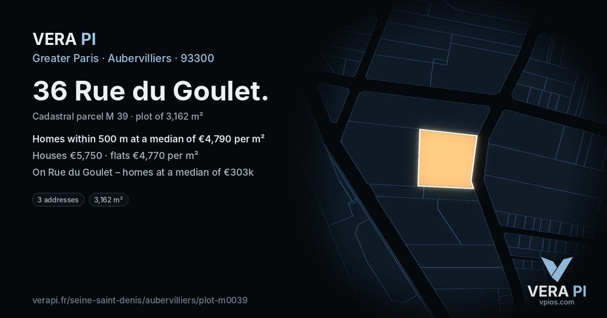 36 Rue du Goulet, Aubervilliers at night – the plot lit, the parcels around coloured by the prices near them