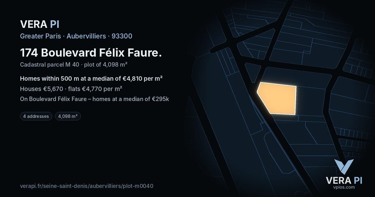174 Boulevard Félix Faure, Aubervilliers at night – the plot lit, the parcels around coloured by the prices near them