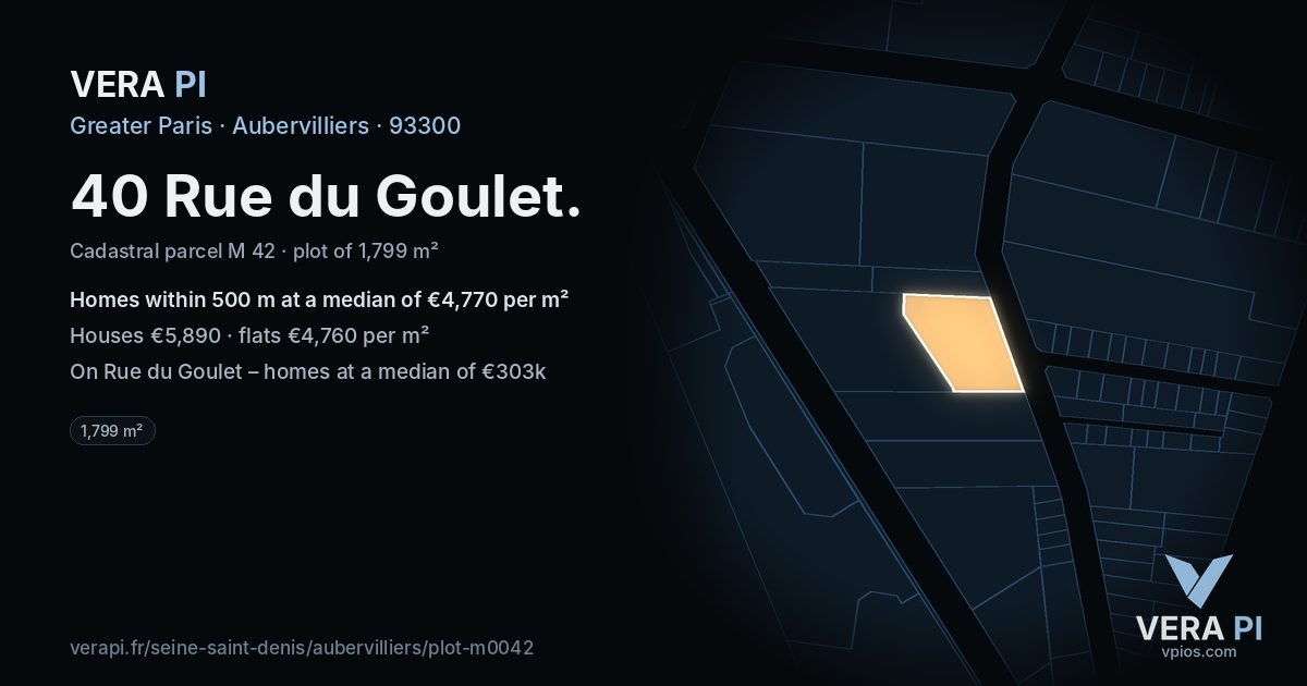 40 Rue du Goulet, Aubervilliers at night – the plot lit, the parcels around coloured by the prices near them