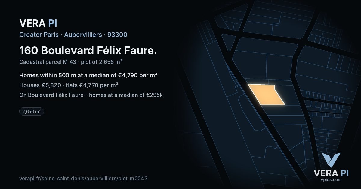 160 Boulevard Félix Faure, Aubervilliers at night – the plot lit, the parcels around coloured by the prices near them