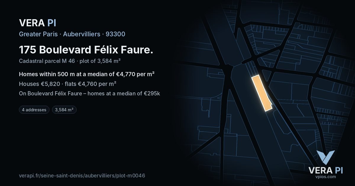 175 Boulevard Félix Faure, Aubervilliers at night – the plot lit, the parcels around coloured by the prices near them
