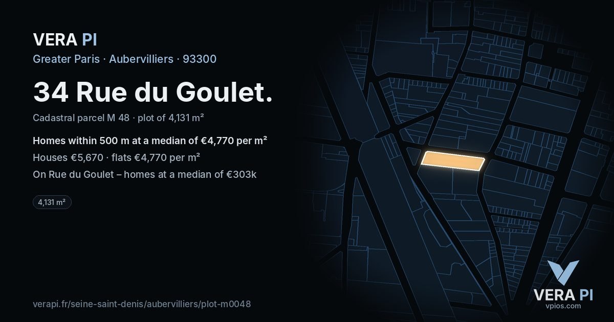 34 Rue du Goulet, Aubervilliers at night – the plot lit, the parcels around coloured by the prices near them