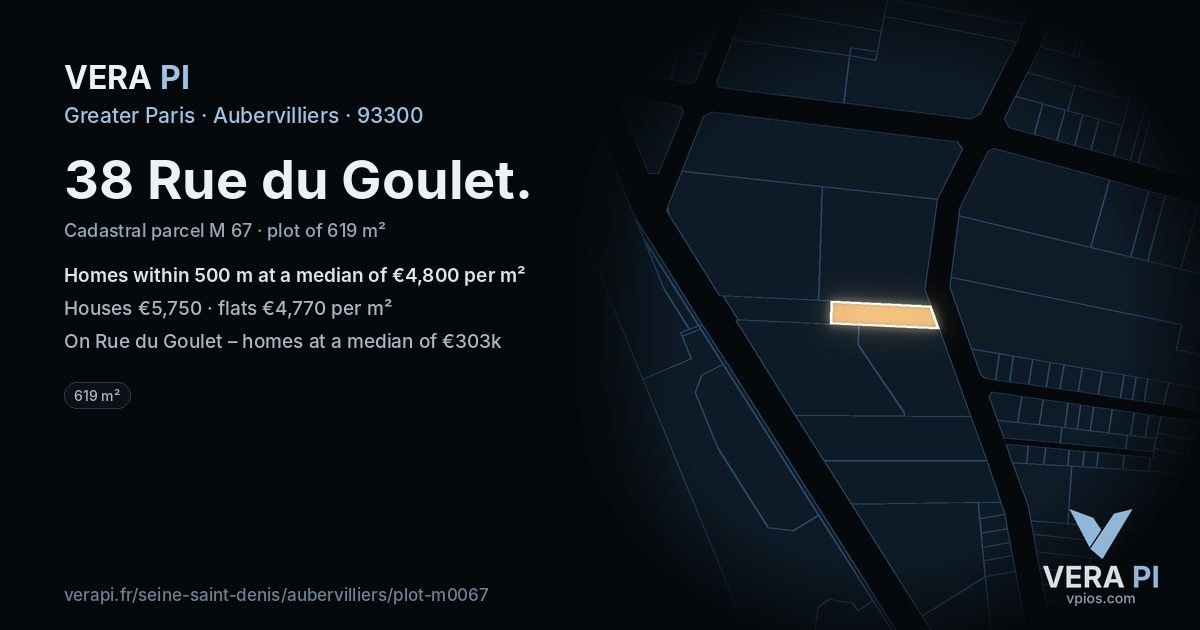 38 Rue du Goulet, Aubervilliers at night – the plot lit, the parcels around coloured by the prices near them