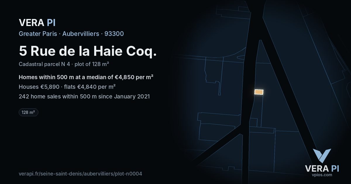 5 Rue de la Haie Coq, Aubervilliers at night – the plot lit, the parcels around coloured by the prices near them