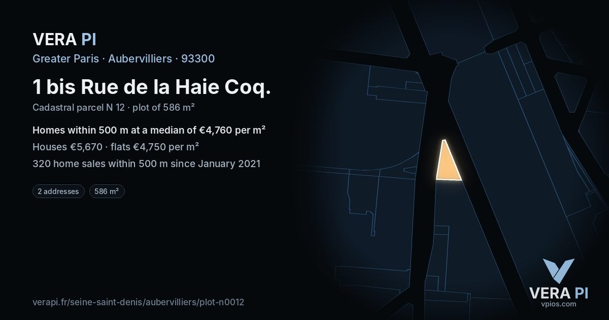 1 bis Rue de la Haie Coq, Aubervilliers at night – the plot lit, the parcels around coloured by the prices near them