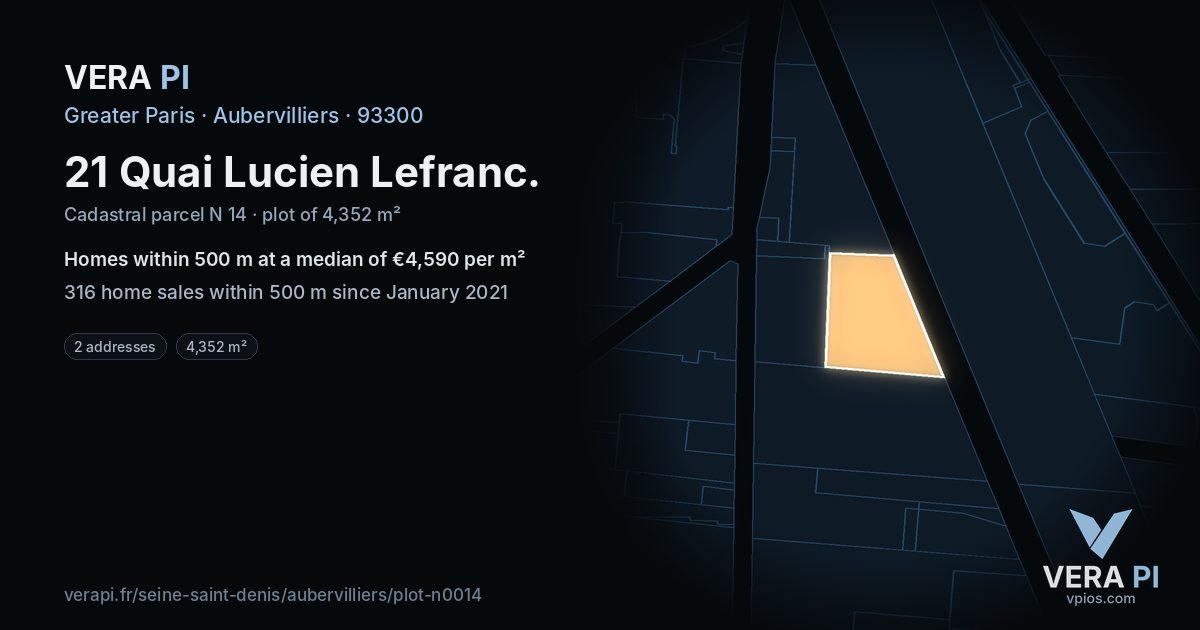 21 Quai Lucien Lefranc, Aubervilliers at night – the plot lit, the parcels around coloured by the prices near them