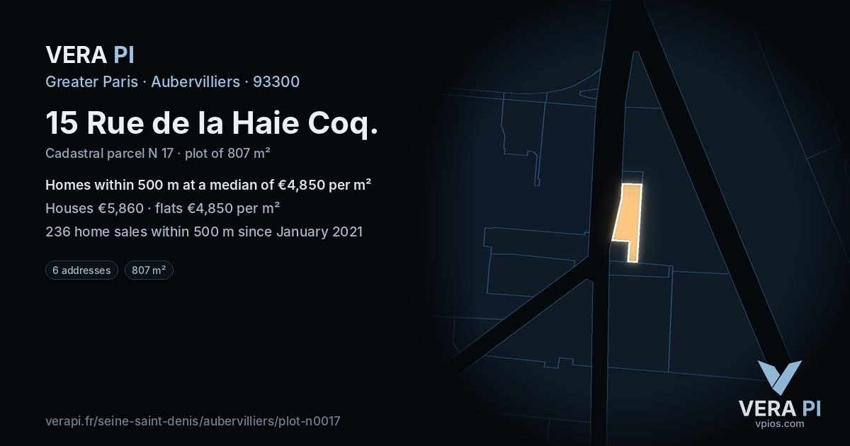 15 Rue de la Haie Coq, Aubervilliers at night – the plot lit, the parcels around coloured by the prices near them