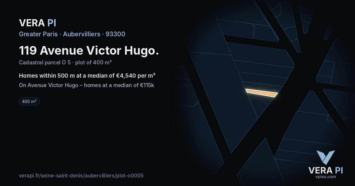 119 Avenue Victor Hugo, Aubervilliers at night – the plot lit, the parcels around coloured by the prices near them