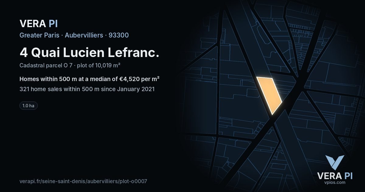 4 Quai Lucien Lefranc, Aubervilliers at night – the plot lit, the parcels around coloured by the prices near them