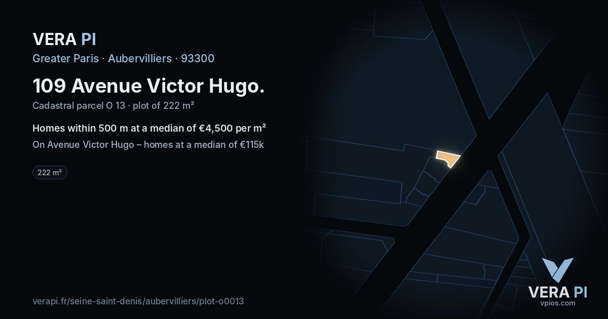 109 Avenue Victor Hugo, Aubervilliers at night – the plot lit, the parcels around coloured by the prices near them