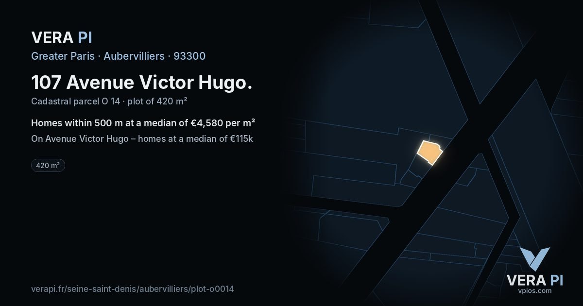 107 Avenue Victor Hugo, Aubervilliers at night – the plot lit, the parcels around coloured by the prices near them