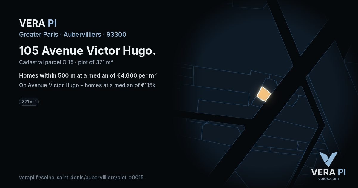 105 Avenue Victor Hugo, Aubervilliers at night – the plot lit, the parcels around coloured by the prices near them