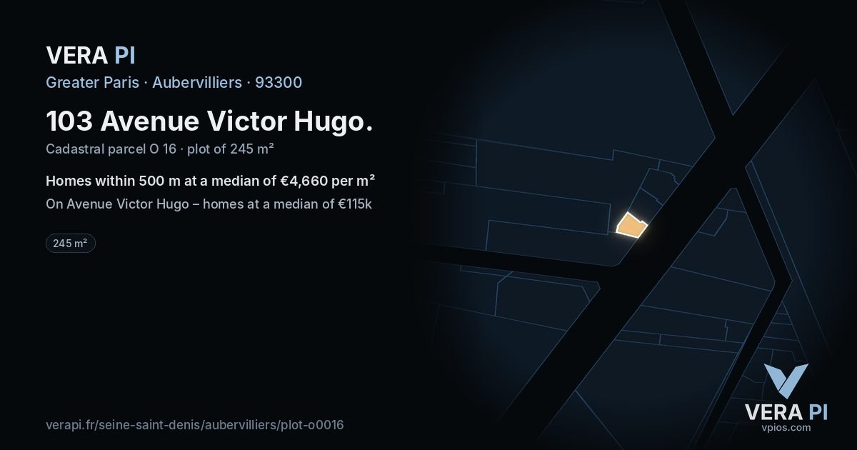 103 Avenue Victor Hugo, Aubervilliers at night – the plot lit, the parcels around coloured by the prices near them