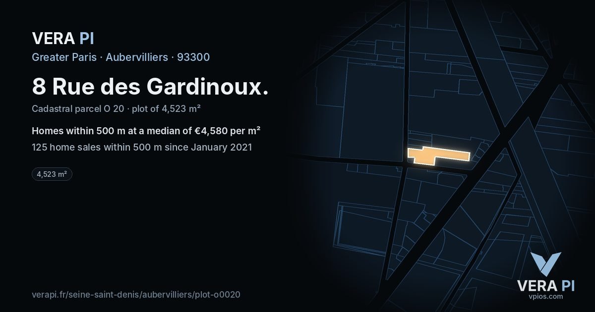 8 Rue des Gardinoux, Aubervilliers at night – the plot lit, the parcels around coloured by the prices near them