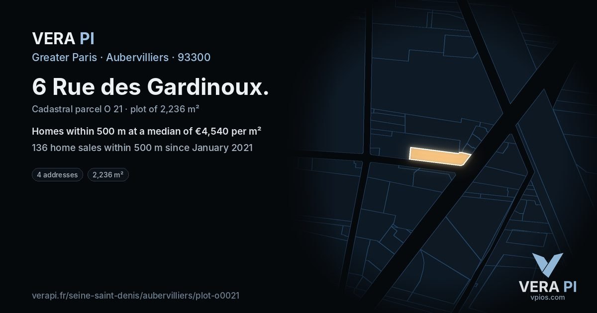 6 Rue des Gardinoux, Aubervilliers at night – the plot lit, the parcels around coloured by the prices near them