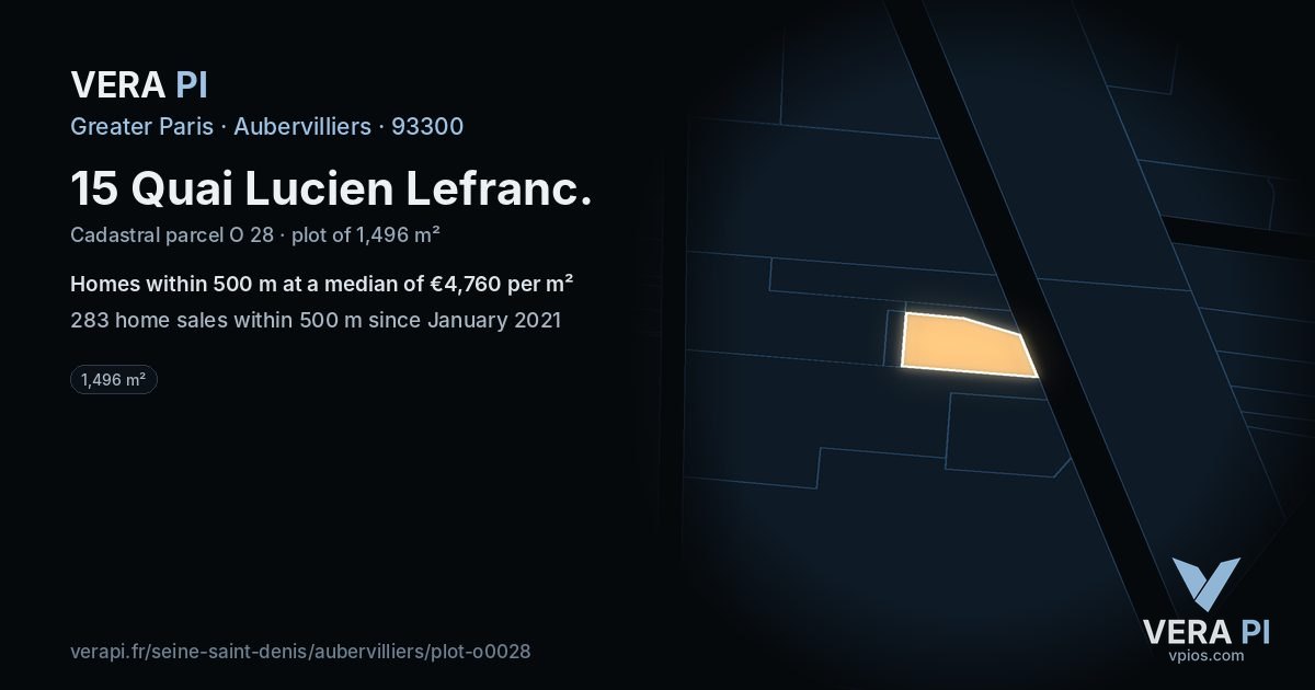 15 Quai Lucien Lefranc, Aubervilliers at night – the plot lit, the parcels around coloured by the prices near them