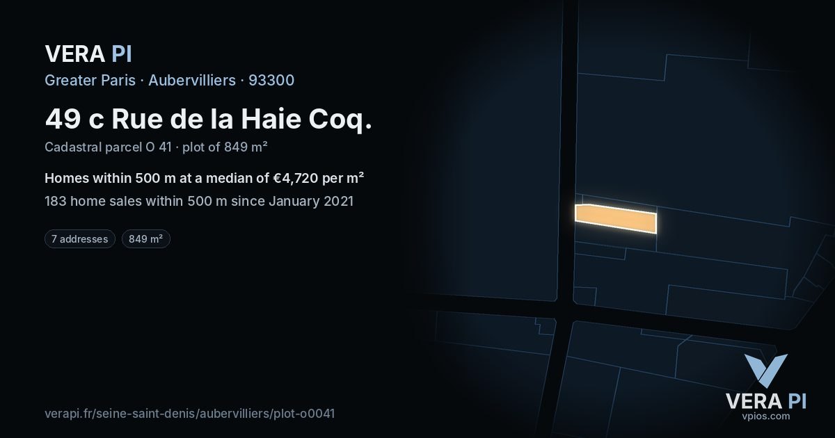 49 c Rue de la Haie Coq, Aubervilliers at night – the plot lit, the parcels around coloured by the prices near them