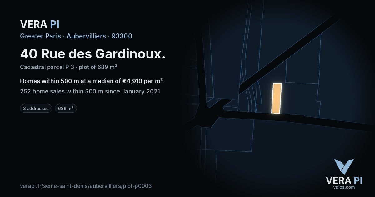 40 Rue des Gardinoux, Aubervilliers at night – the plot lit, the parcels around coloured by the prices near them
