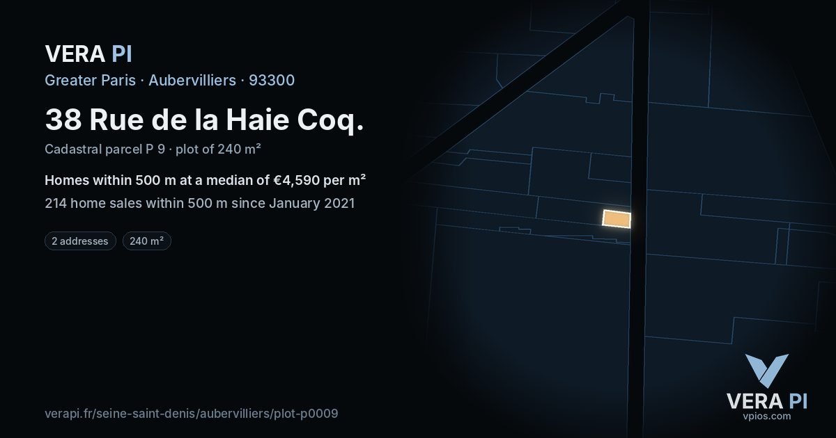 38 Rue de la Haie Coq, Aubervilliers at night – the plot lit, the parcels around coloured by the prices near them