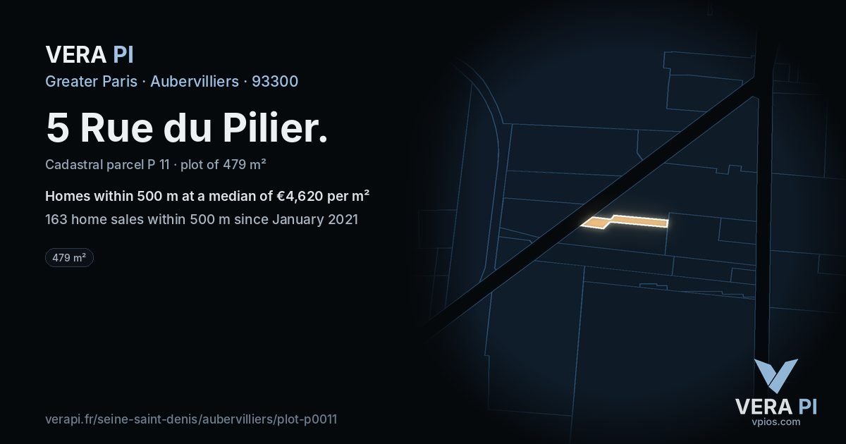 5 Rue du Pilier, Aubervilliers at night – the plot lit, the parcels around coloured by the prices near them