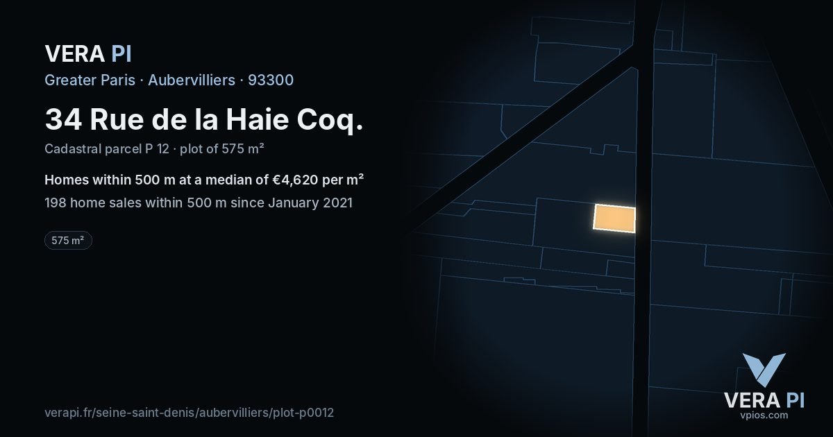 34 Rue de la Haie Coq, Aubervilliers at night – the plot lit, the parcels around coloured by the prices near them