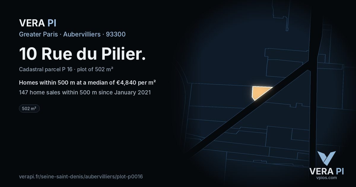10 Rue du Pilier, Aubervilliers at night – the plot lit, the parcels around coloured by the prices near them