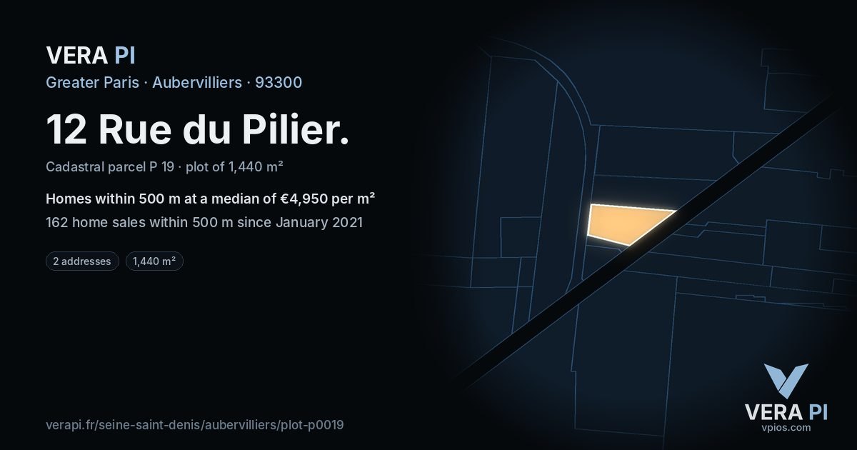 12 Rue du Pilier, Aubervilliers at night – the plot lit, the parcels around coloured by the prices near them