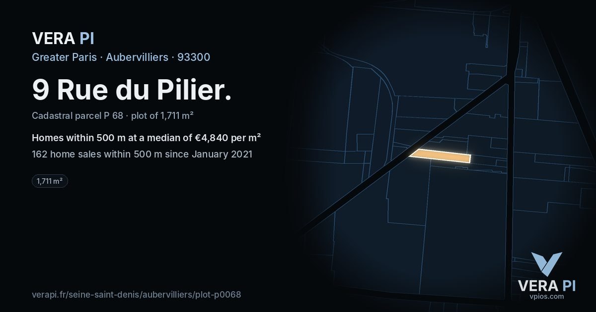 9 Rue du Pilier, Aubervilliers at night – the plot lit, the parcels around coloured by the prices near them