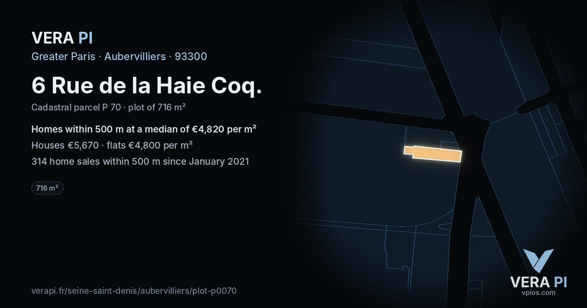 6 Rue de la Haie Coq, Aubervilliers at night – the plot lit, the parcels around coloured by the prices near them