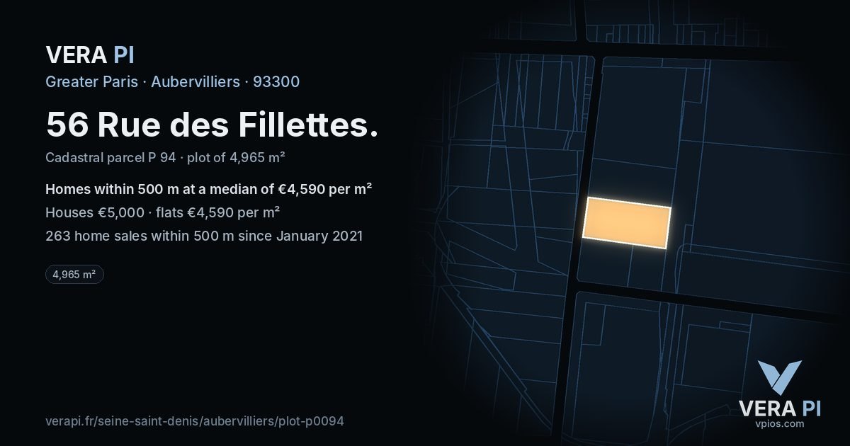 56 Rue des Fillettes, Aubervilliers at night – the plot lit, the parcels around coloured by the prices near them