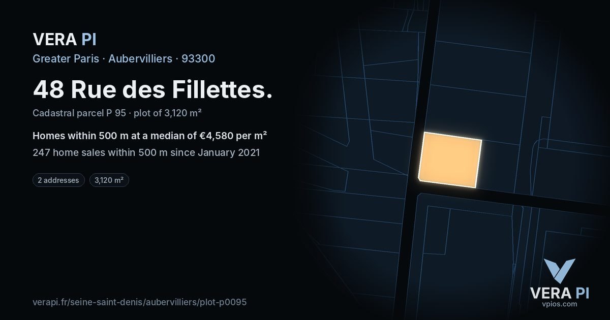 48 Rue des Fillettes, Aubervilliers at night – the plot lit, the parcels around coloured by the prices near them